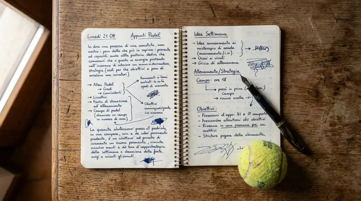 Quaderno aperto con planning manuale del calendario antepost padel