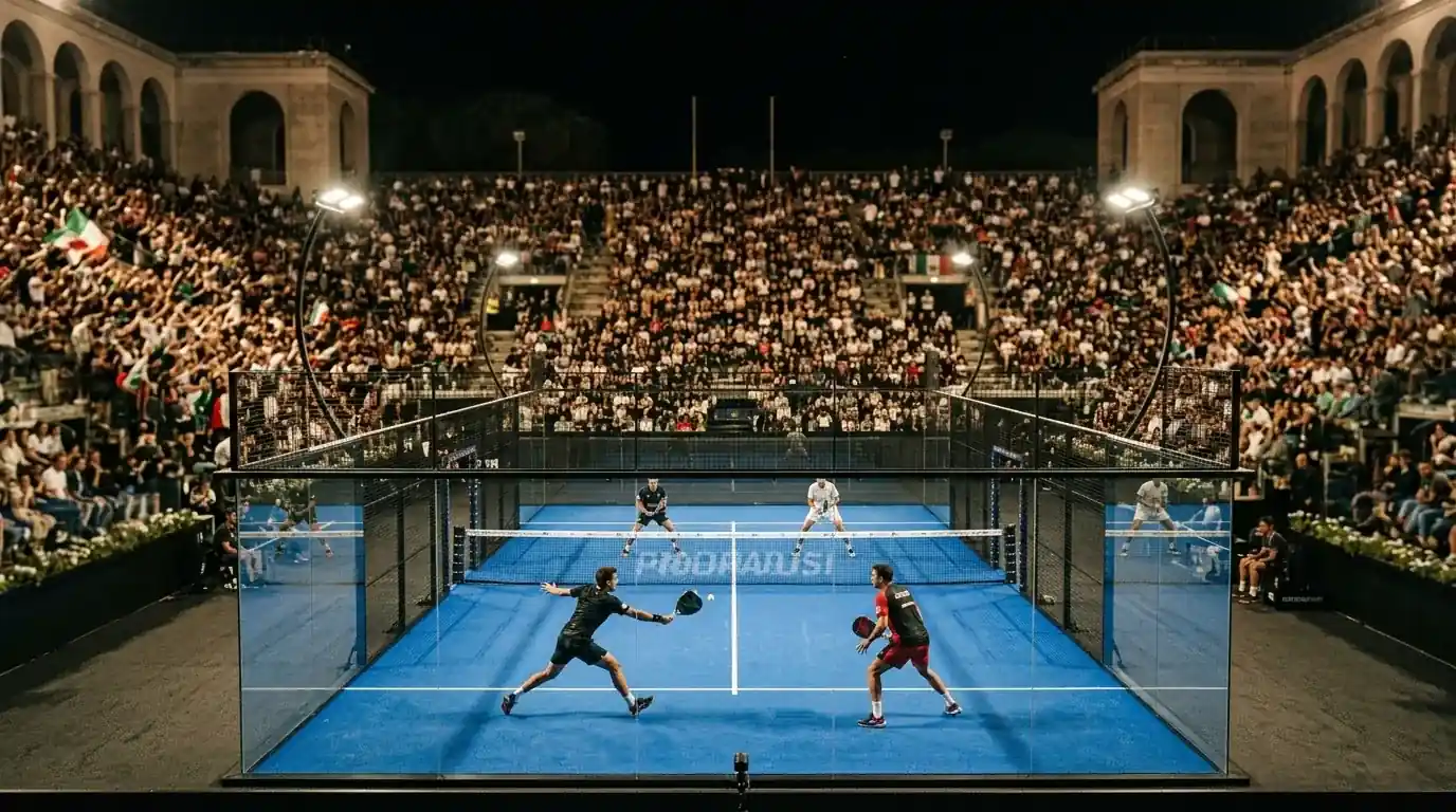 Pubblico gremisce le tribune del Foro Italico durante una serata del BNL Italy Major Premier Padel