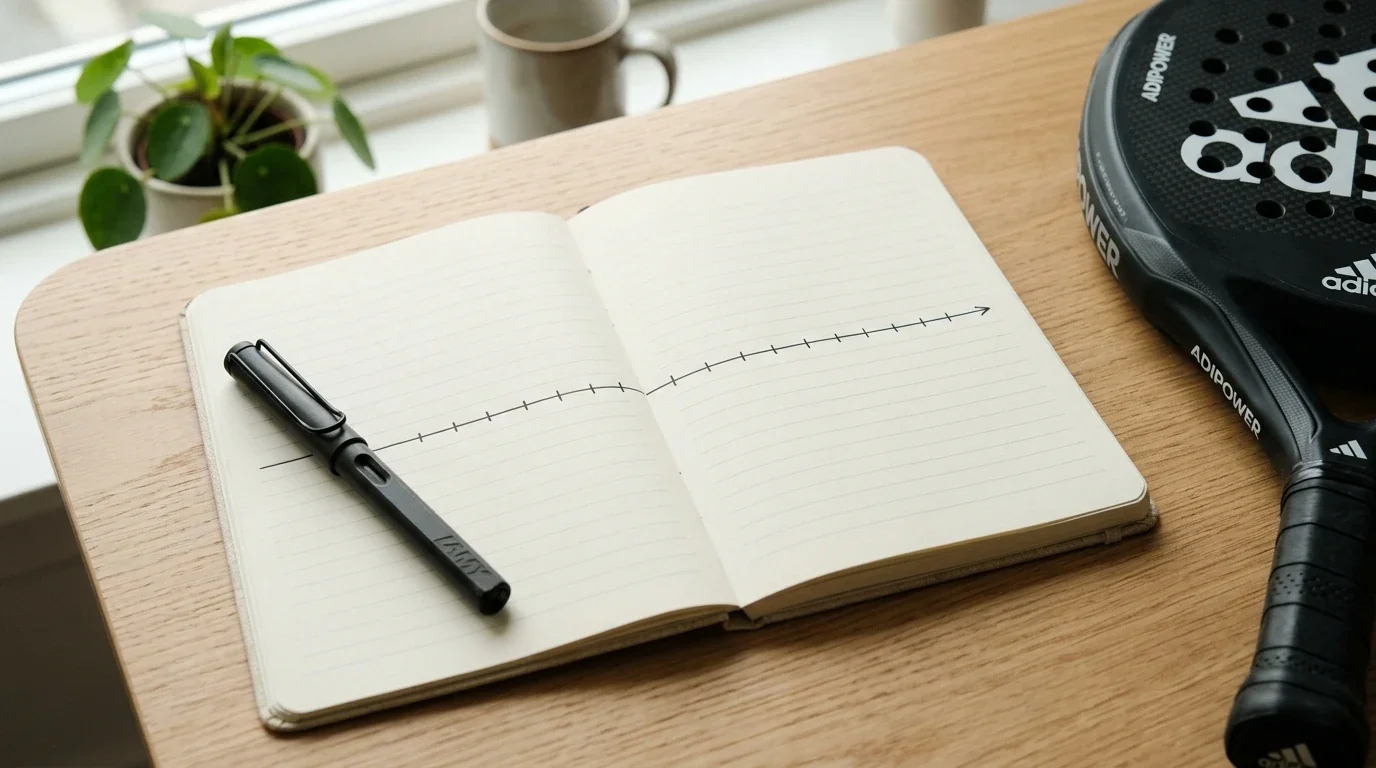 Quaderno con timeline disegnata a mano accanto a una racchetta da padel su scrivania chiara