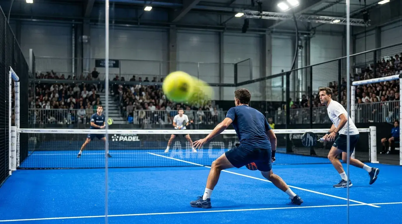 Partita di padel professionistico in corso con la pallina in volo davanti al vetro posteriore