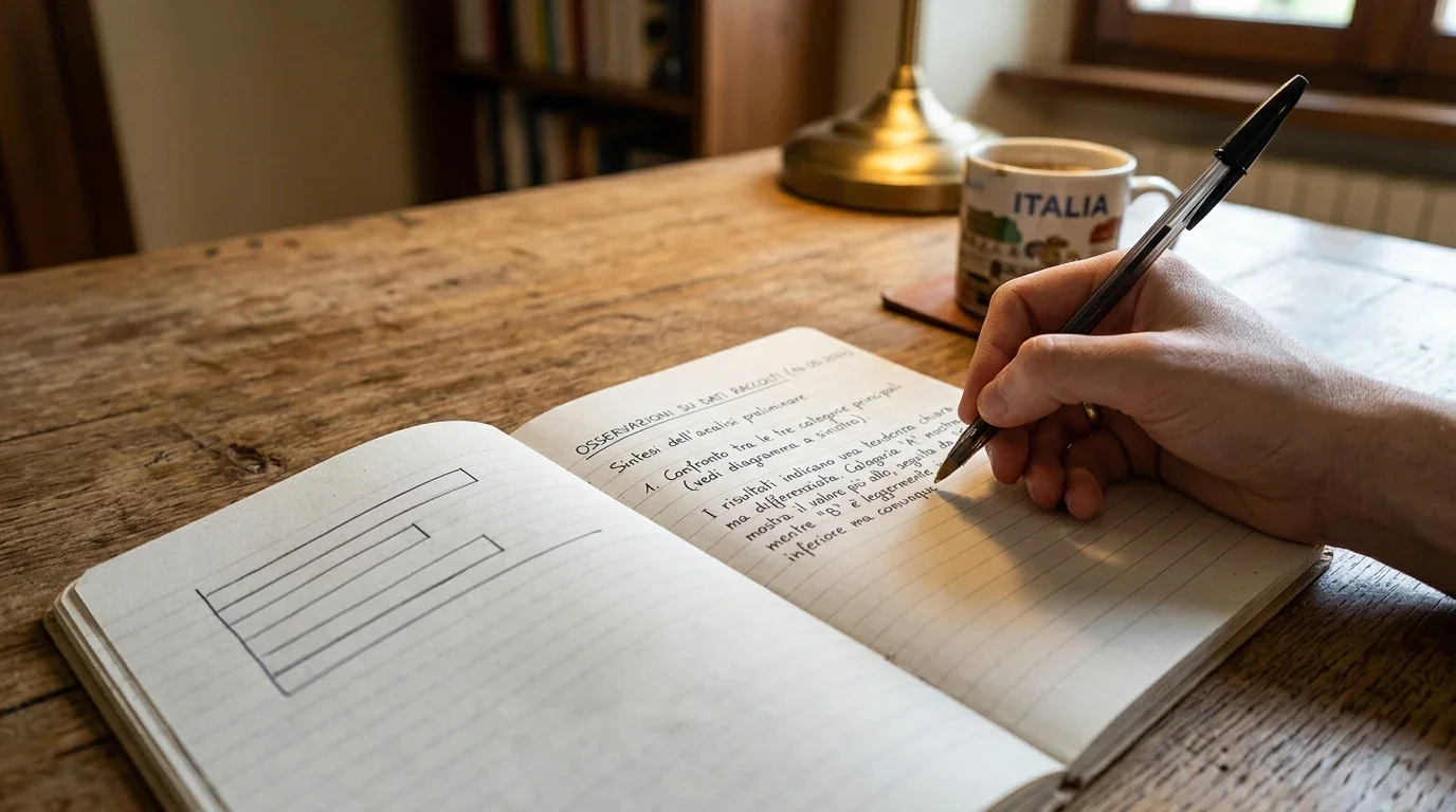 Mano scrive appunti su un quaderno accanto a un foglio con un semplice grafico a barre