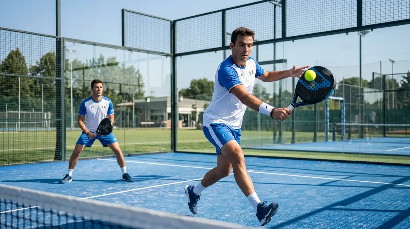 Coppia di padel maschile in azione sul campo durante un torneo internazionale