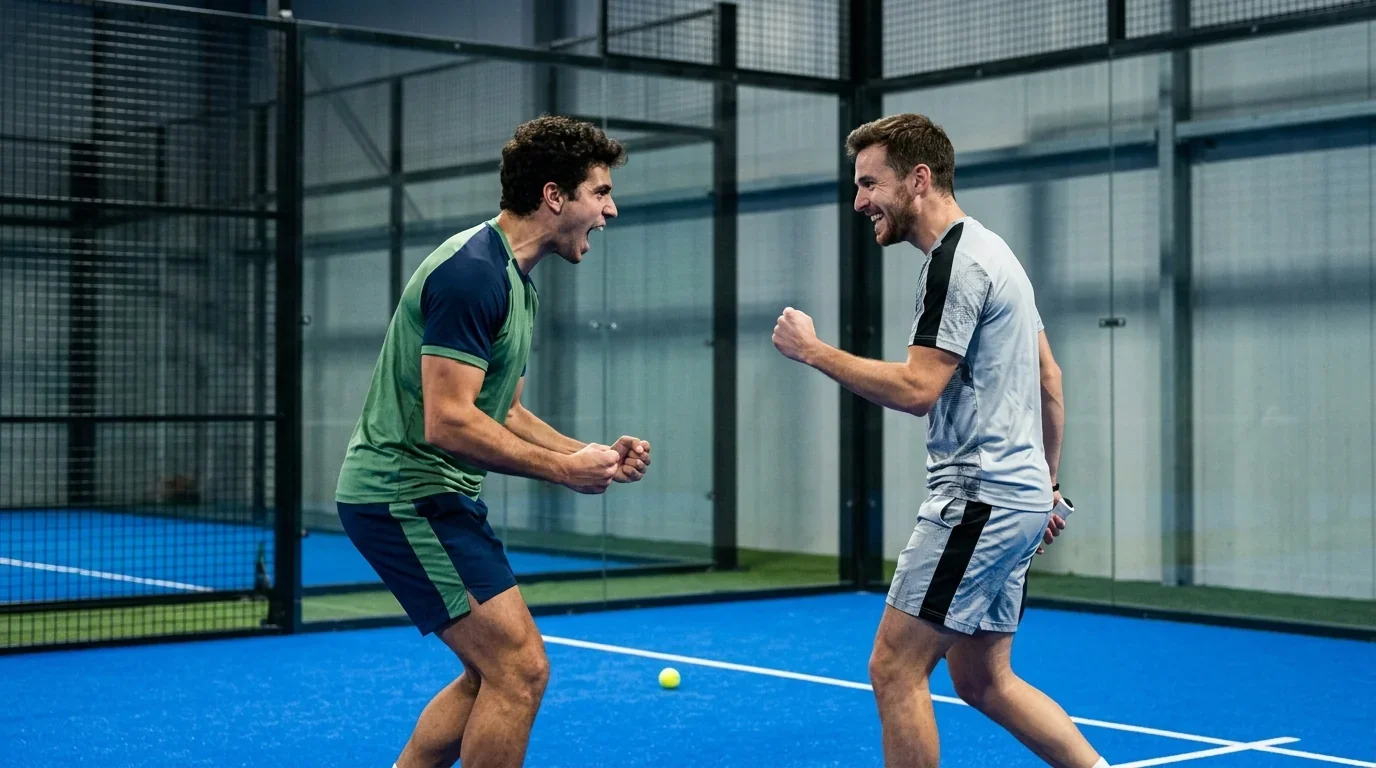 Due giocatori di padel professionistico esultano dopo aver vinto un punto importante