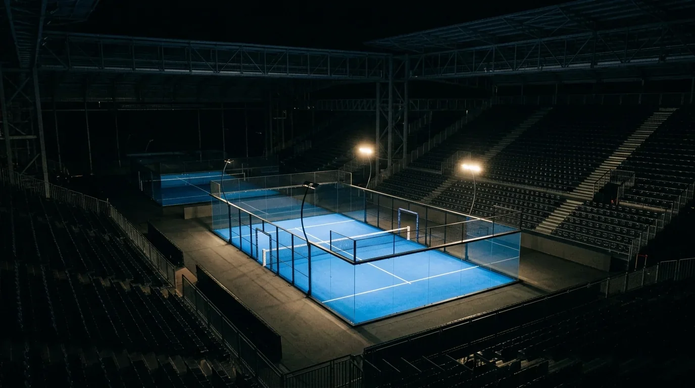 Arena di padel illuminata da spotlight con campo centrale vuoto in attesa di un torneo serale