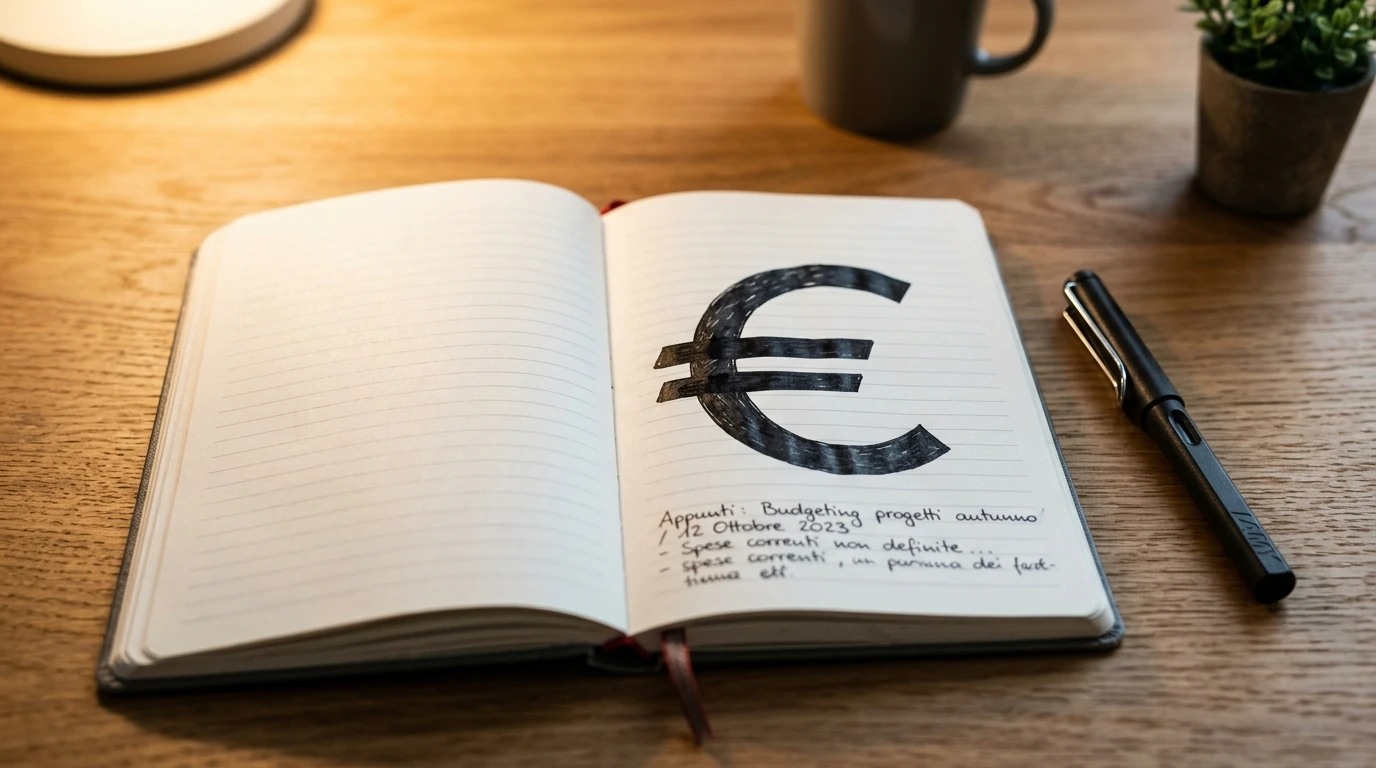 Quaderno aperto con il simbolo euro disegnato a mano e una penna stilografica accanto