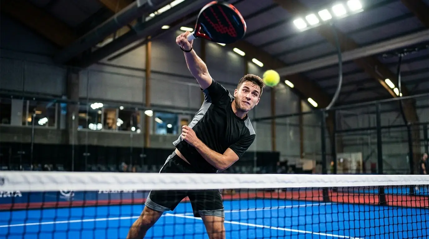 Giocatore di padel professionistico durante uno smash aggressivo a rete in un palasport