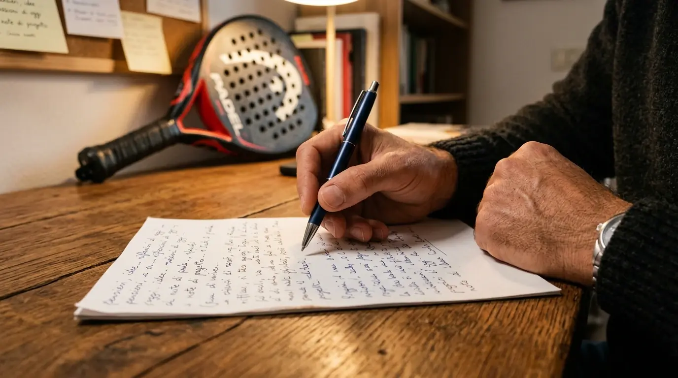 Mano che analizza riga per riga una linea handicap padel su carta