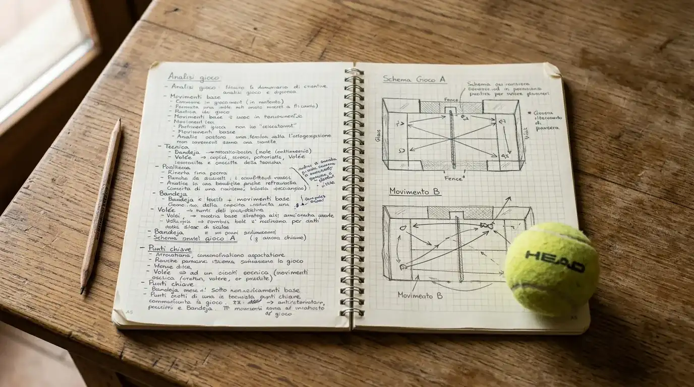 Blocco appunti con annotazioni manuali sulla strategia di live betting padel