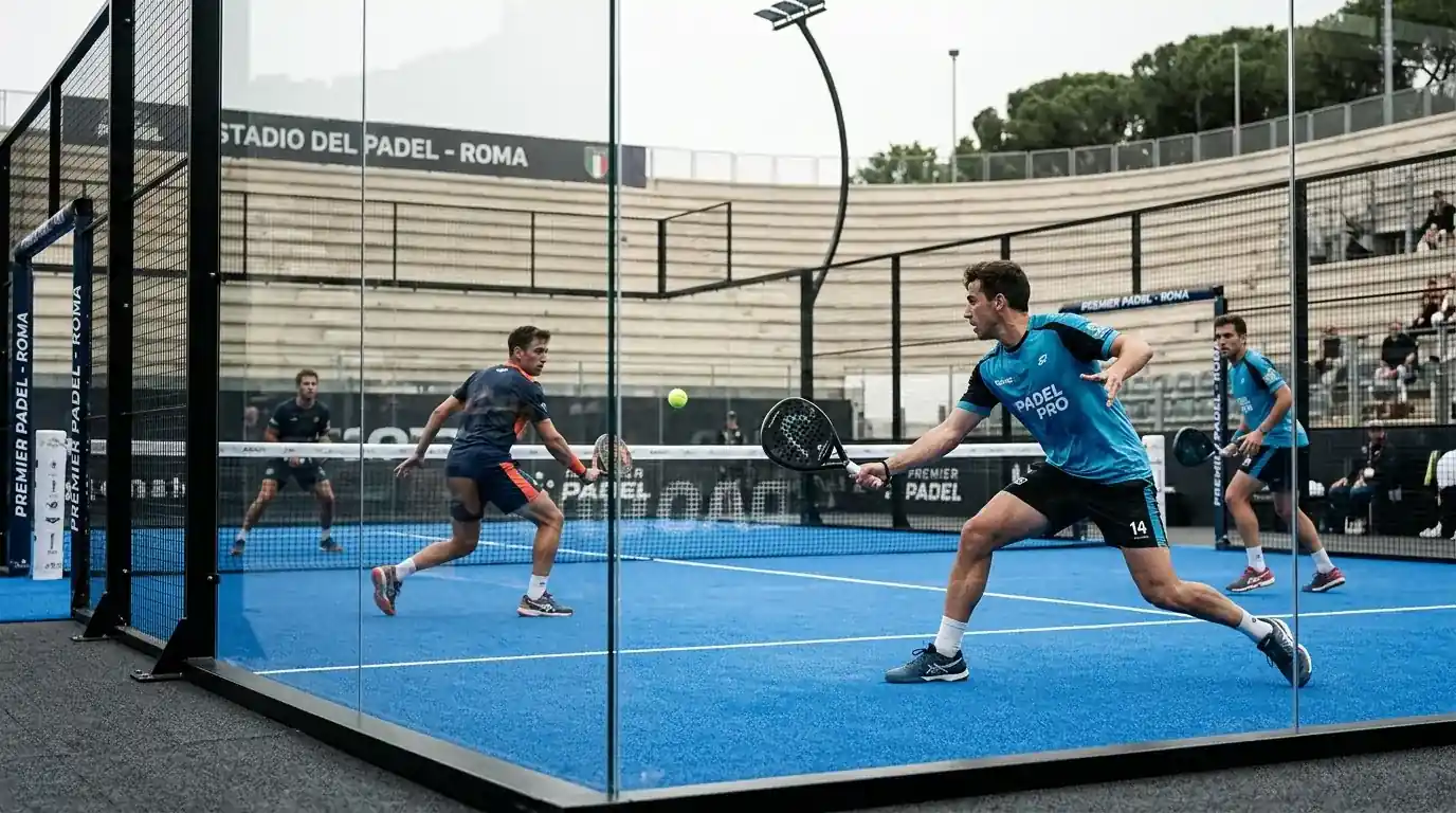 Vista frontale di un match Premier Padel con copertura live betting attiva