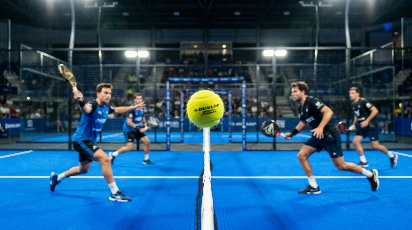 Pallina da padel in volo durante uno scambio tra due coppie su un campo professionale