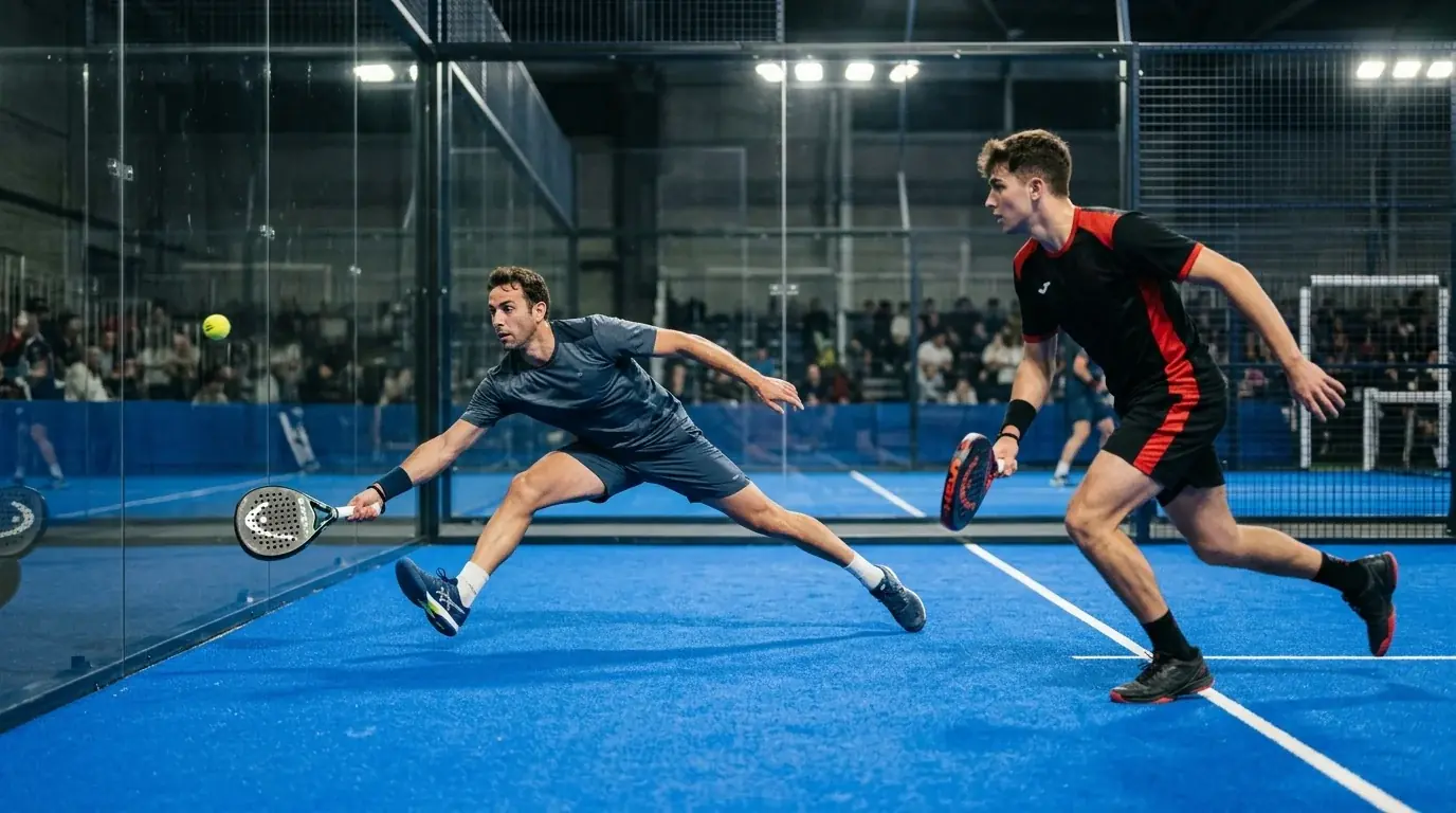 Coppia di padel maschile durante uno scambio davanti al vetro posteriore del campo