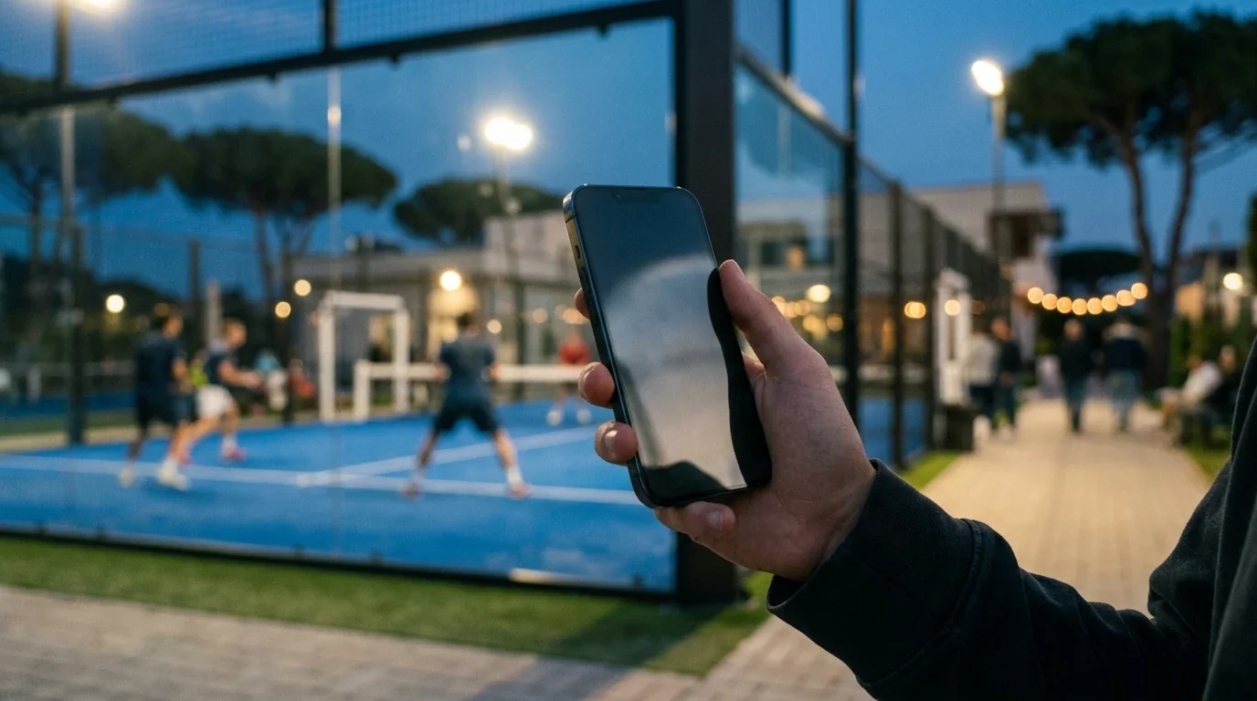 Smartphone in mano davanti a un campo da padel illuminato durante una serata di torneo
