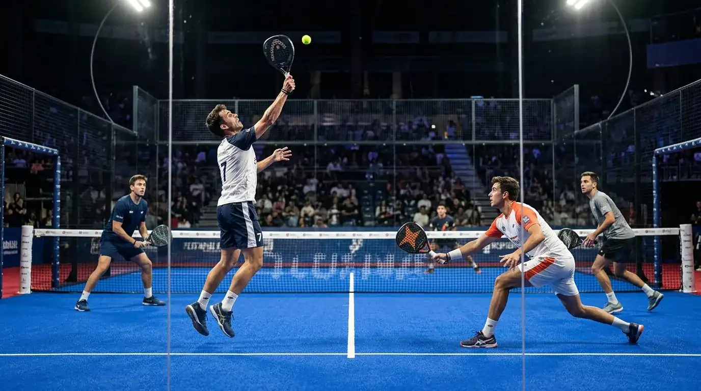 Quattro giocatori di padel professionistico durante una partita ufficiale su campo indoor