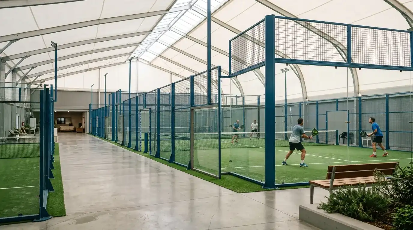 Circolo di padel italiano con campi indoor e copertura tensostatica, esempio del movimento padel in Italia