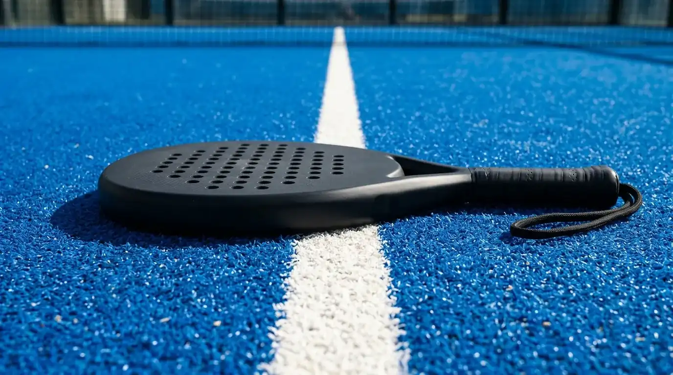 Pala da padel posata con precisione su una linea del campo, simbolo di strategia mirata