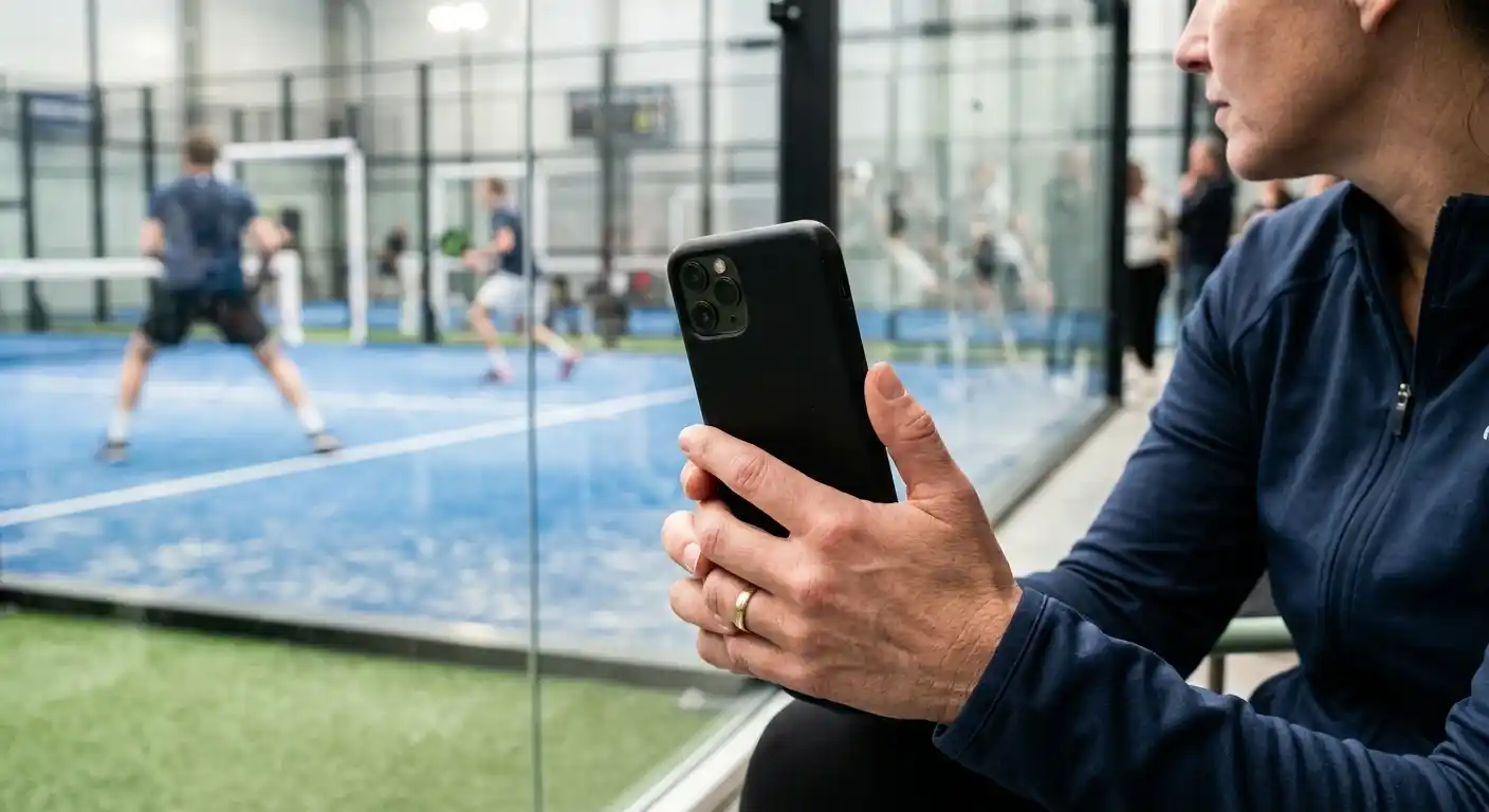 Smartphone in mano a un bettor durante un match padel in diretta