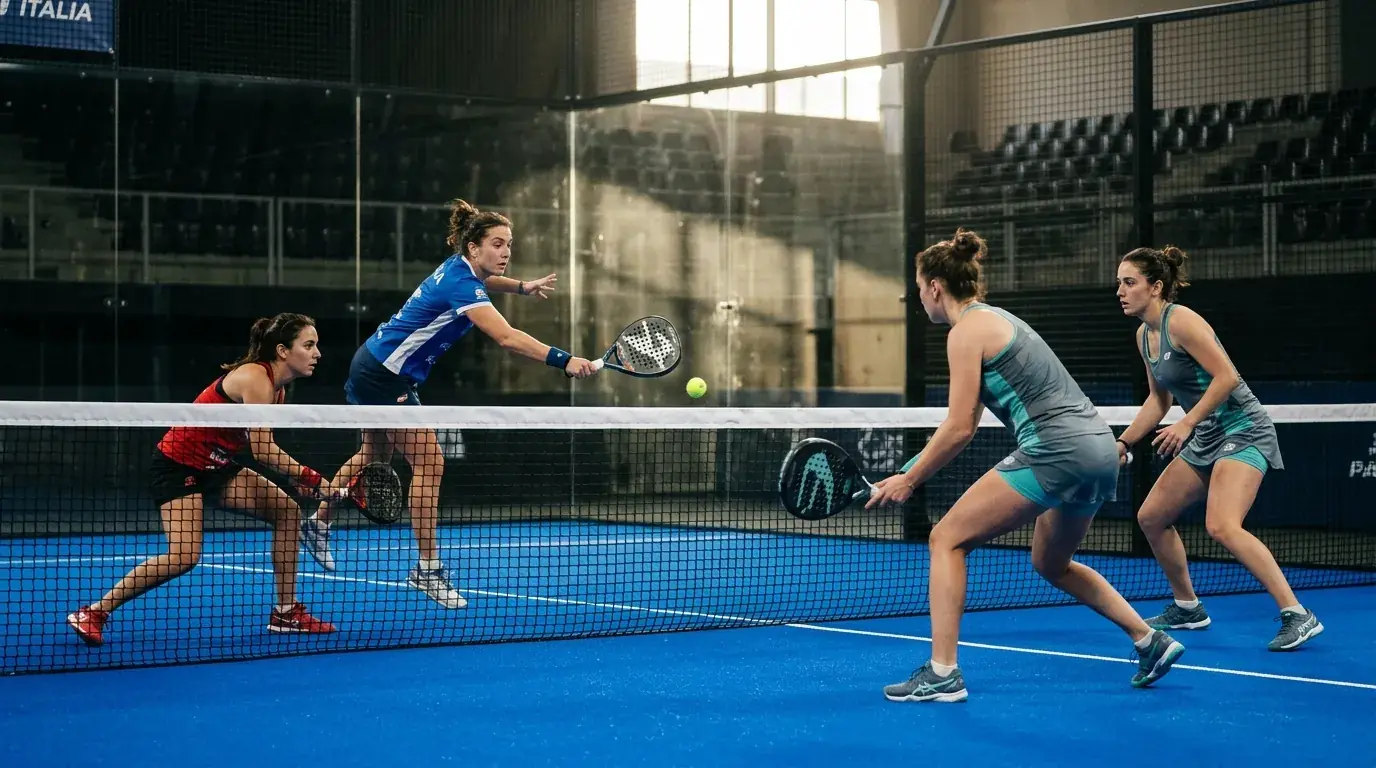 Due stili di gioco a confronto tra coppie di padel durante un punto