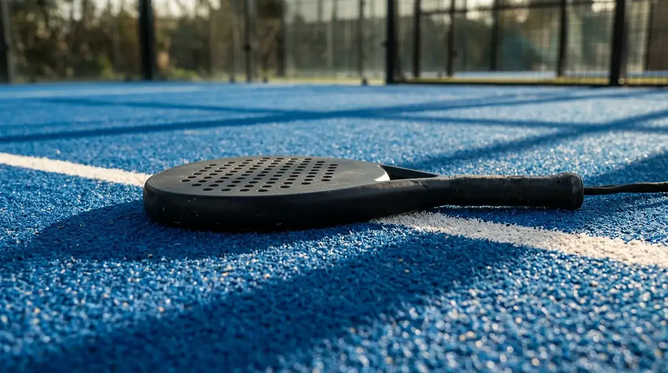 Pala da padel su una linea del campo che illustra il concetto di linea totale games
