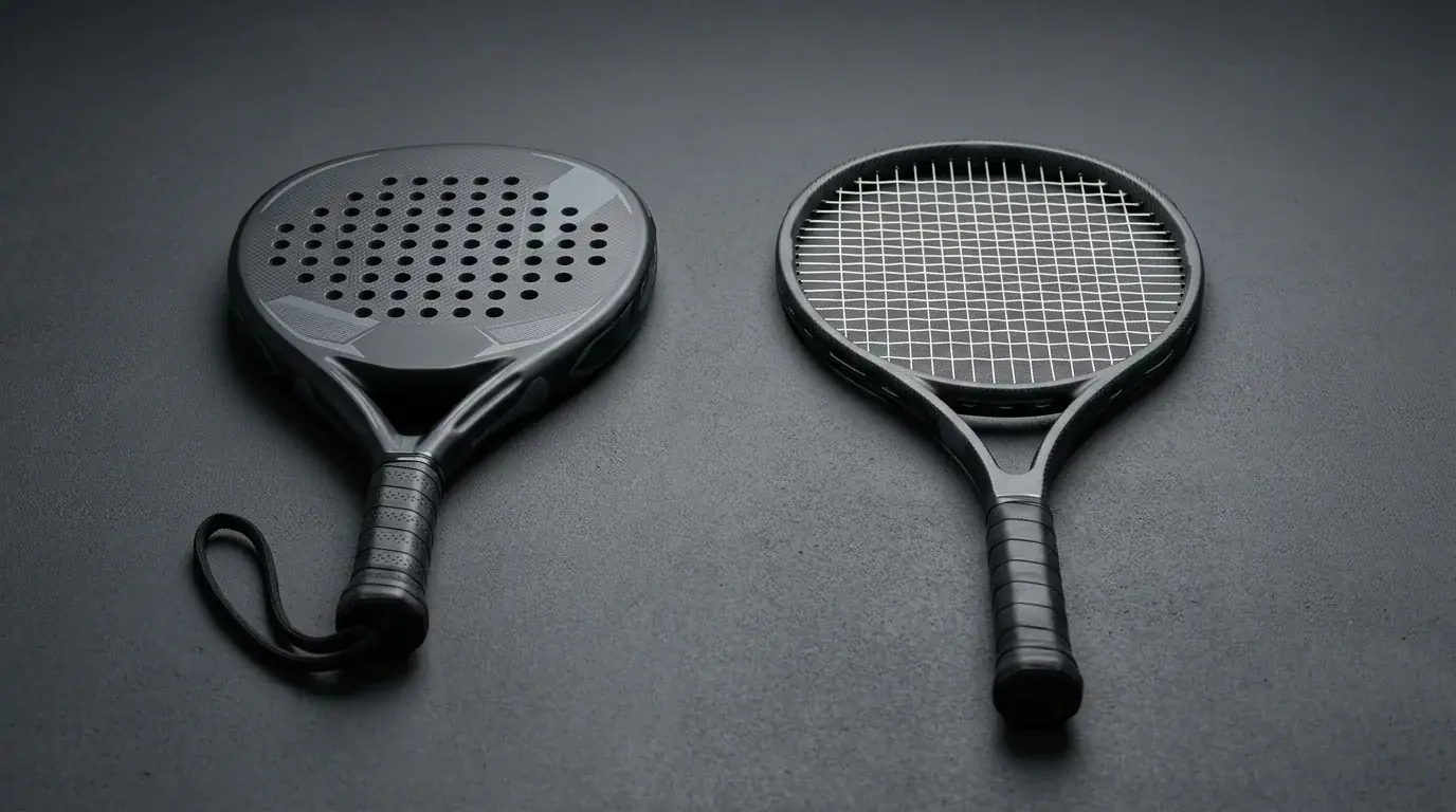Confronto visivo tra una racchetta da tennis e una pala da padel su sfondo neutro