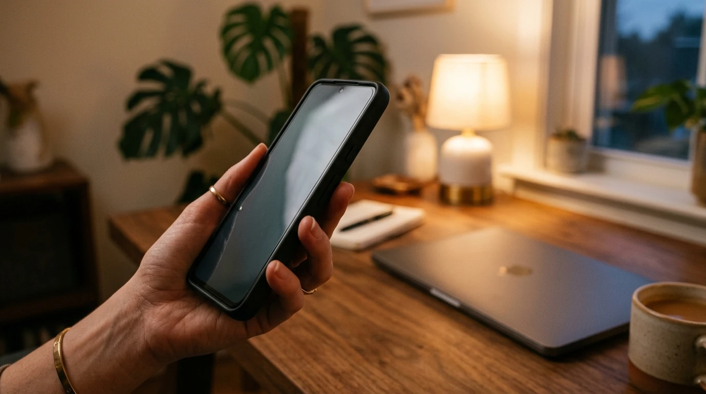 Mano con smartphone in primo piano davanti a una scrivania ordinata di sera