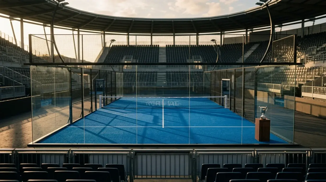 Trofeo di un Major Premier Padel davanti a un'arena vuota prima della finale