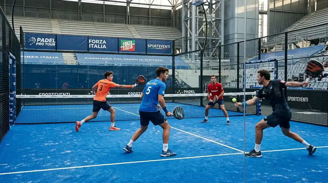 Due coppie in azione durante un lungo scambio di un match Premier Padel