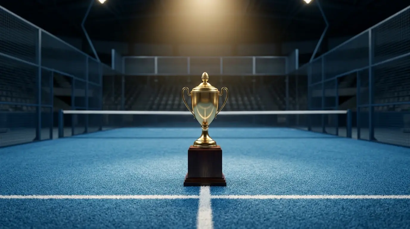 Trofeo dorato di un torneo Major Premier Padel su piedistallo al centro di un arena vuota