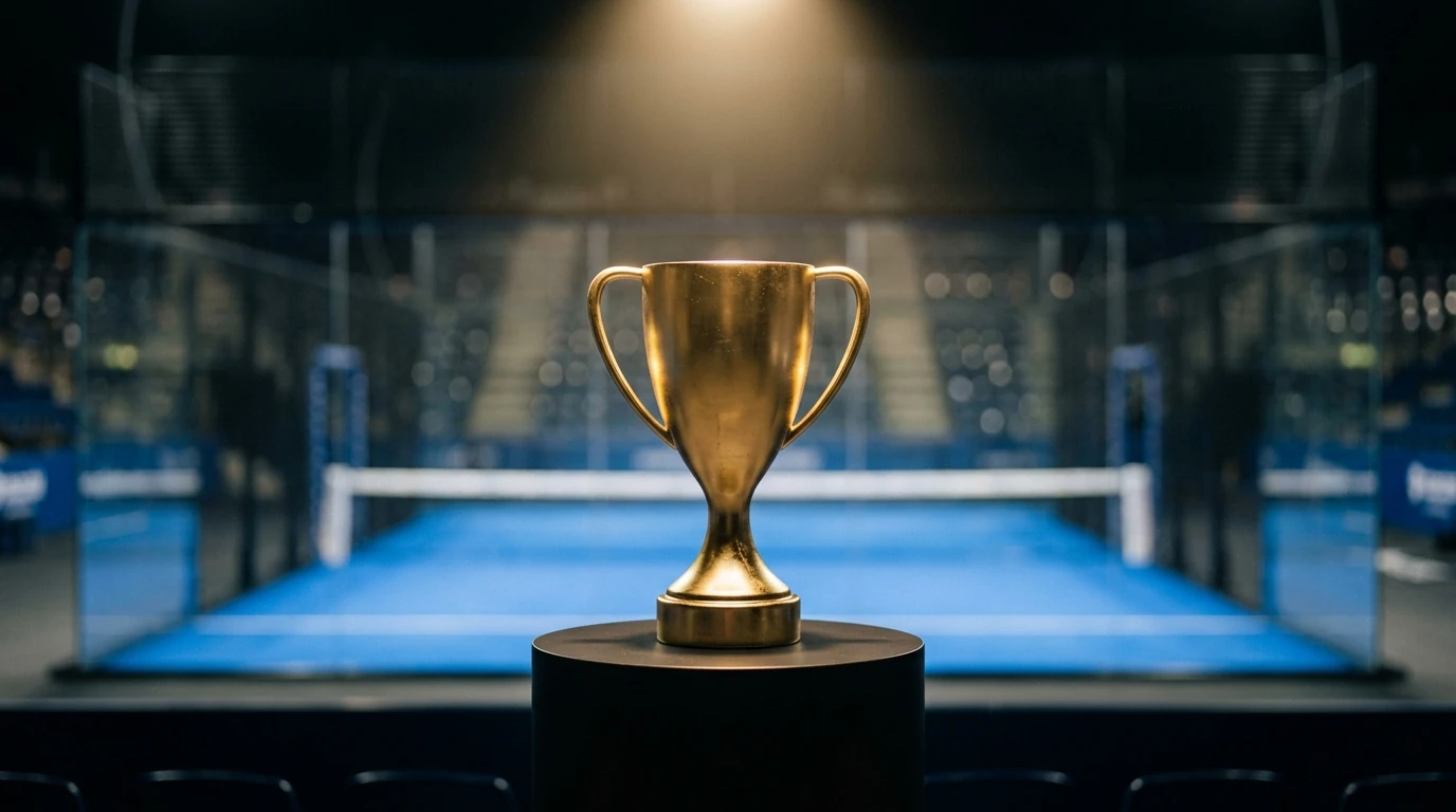 Trofeo dorato su piedistallo in primo piano davanti a un arena di padel illuminata