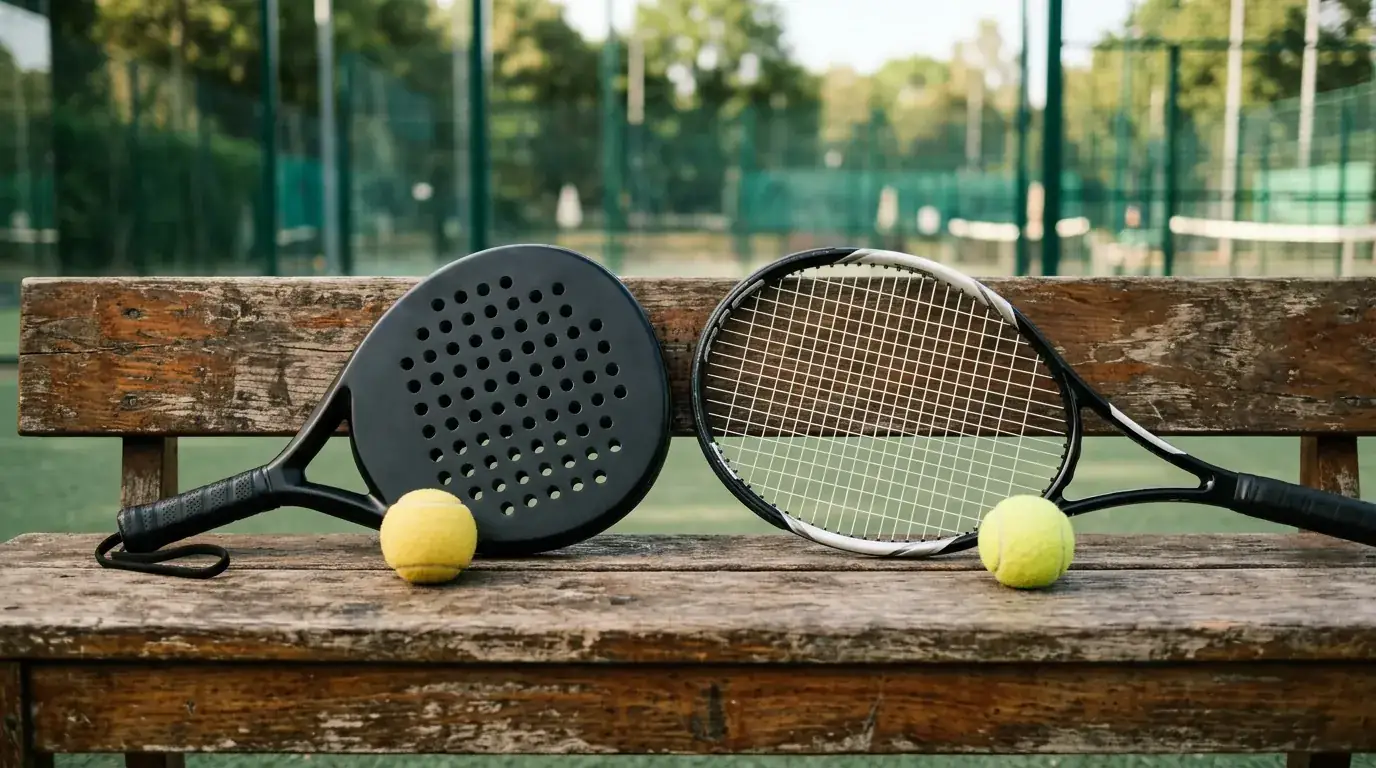 Racchetta da padel e racchetta da tennis affiancate su una panca di legno con palline corrispondenti