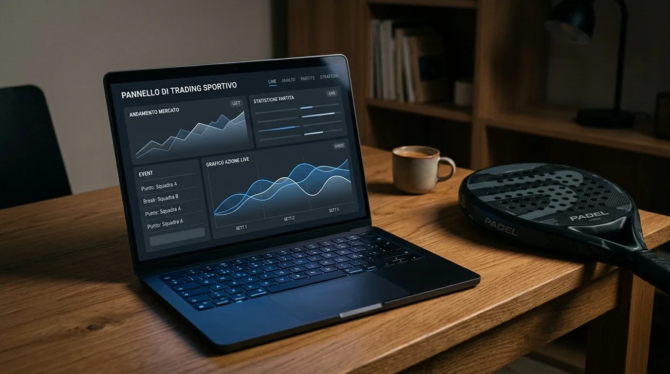 Schermo di un trader sportivo con grafici di quote in tempo reale di un match padel