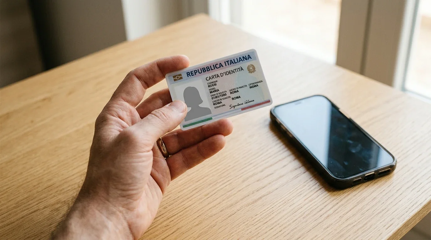 Mano con carta d identità accanto a uno smartphone su un tavolo di legno chiaro