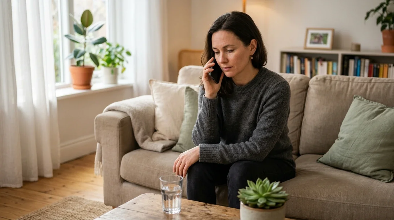 Persona al telefono che chiama una linea di supporto per il gioco responsabile, in ambiente domestico tranquillo