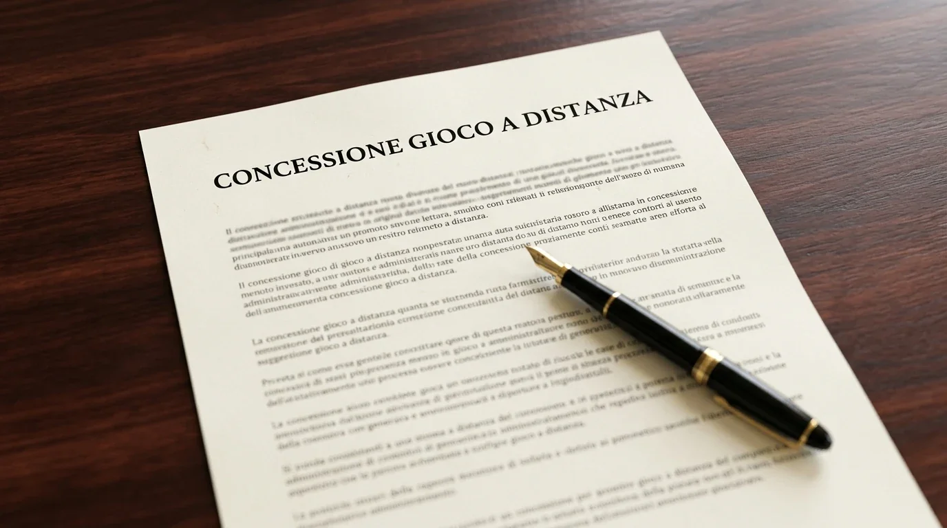 Documento ufficiale italiano della concessione di gioco a distanza sopra una scrivania scura