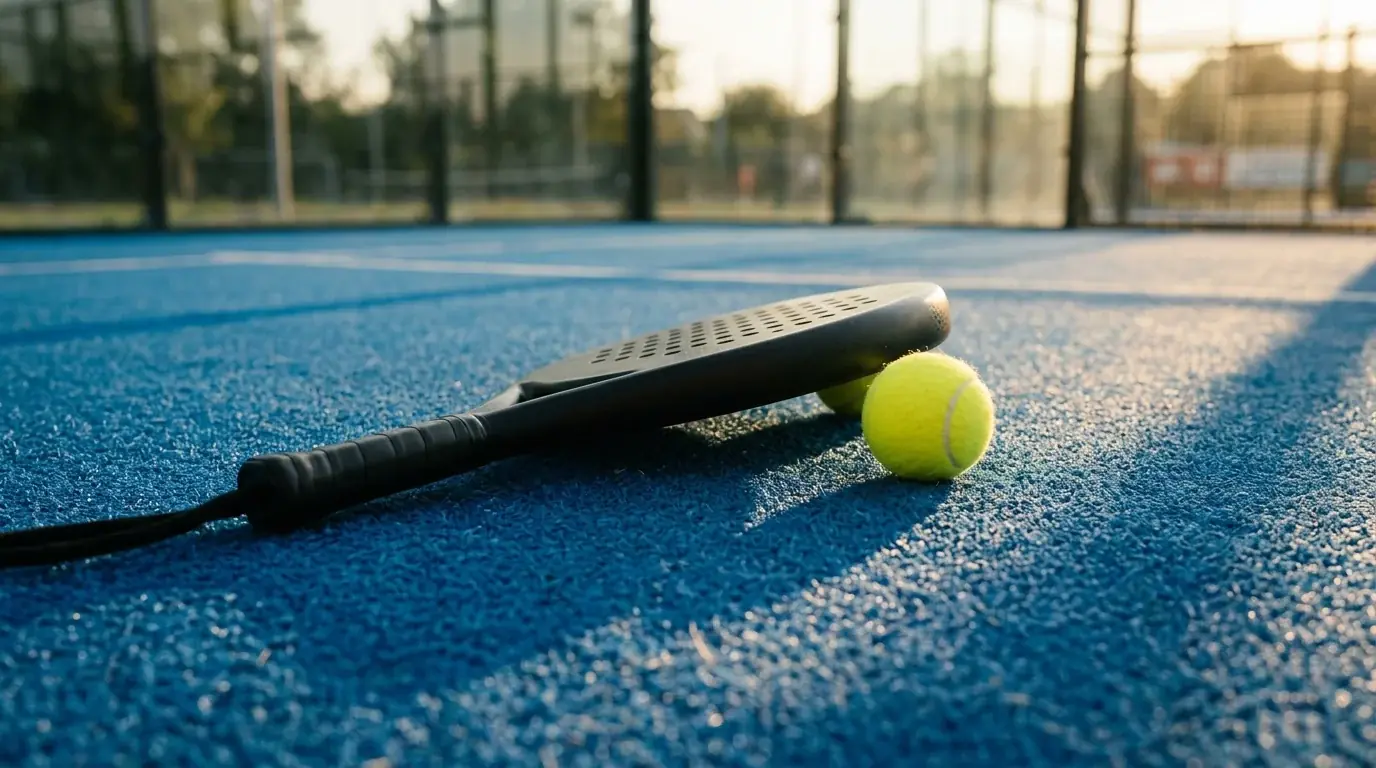 Pallina e racchetta da padel posate sull erba sintetica di un campo professionistico al tramonto