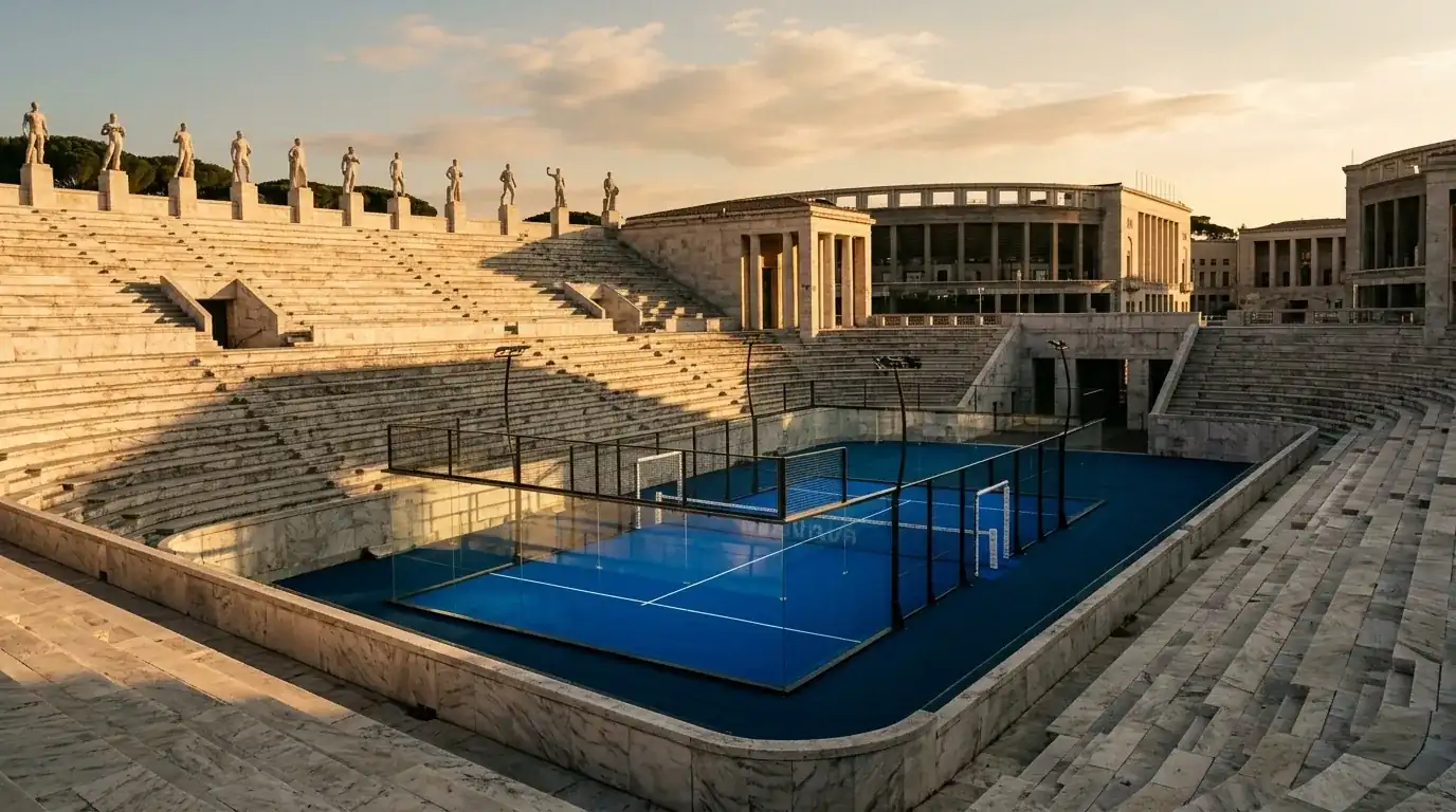 Foro Italico di Roma con campo centrale di padel allestito per il BNL Italy Major Premier Padel