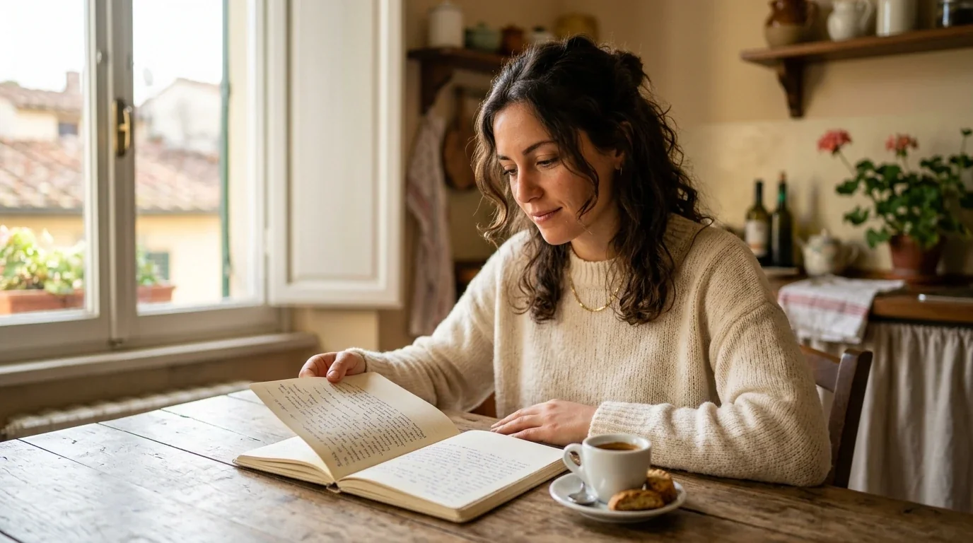 Persona consulta appunti scritti a mano su un quaderno con una tazza di espresso accanto