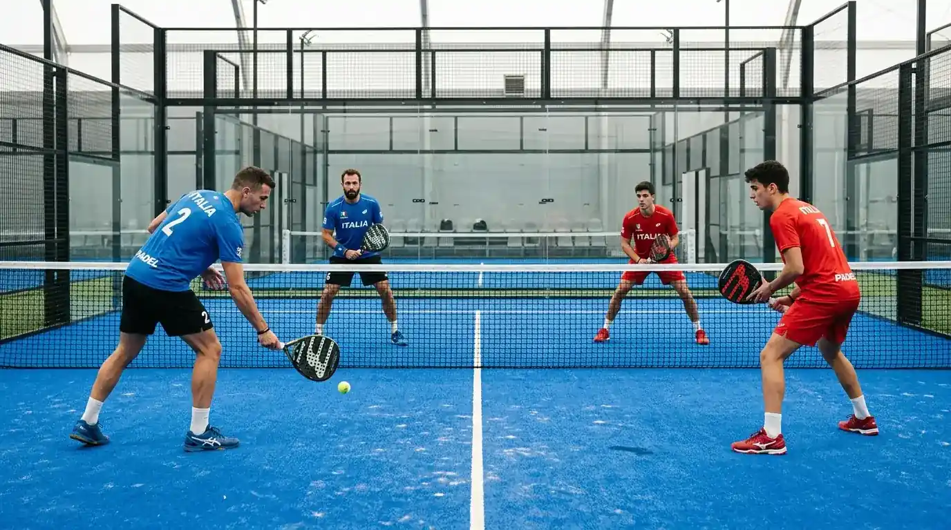Due coppie maschili di padel schierate ai lati opposti del campo prima del servizio