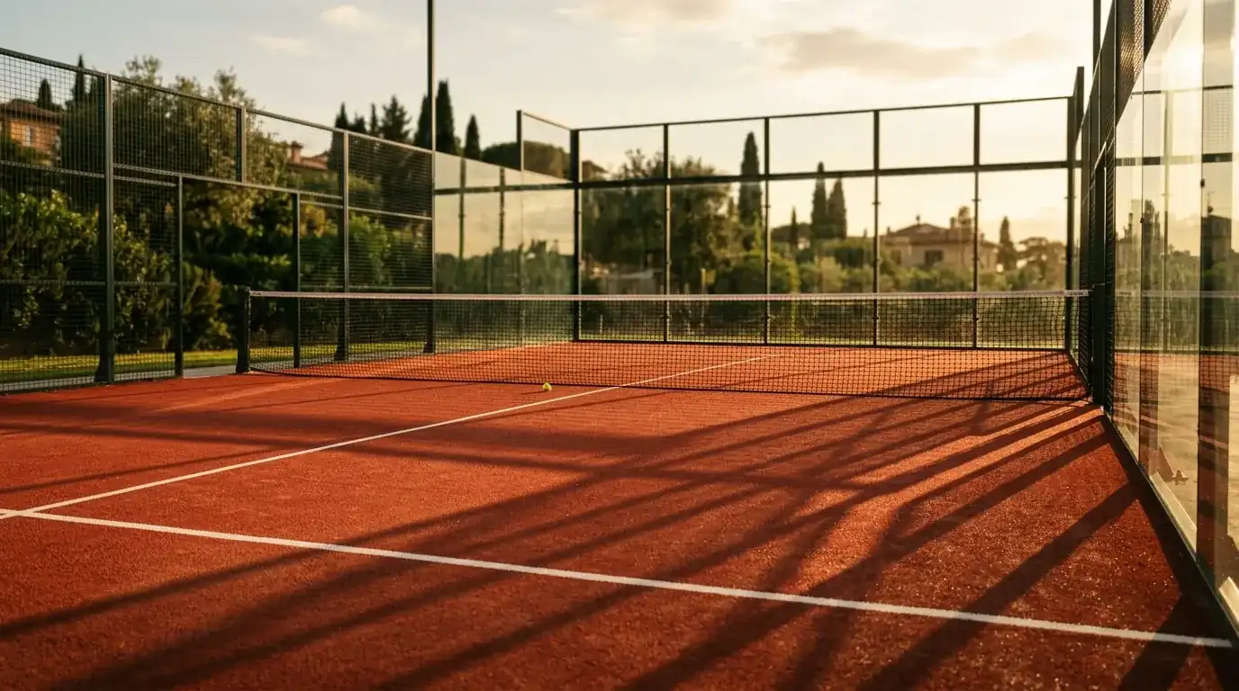 Campo da padel outdoor con superficie rossa illuminata dal sole pomeridiano e ombre lunghe