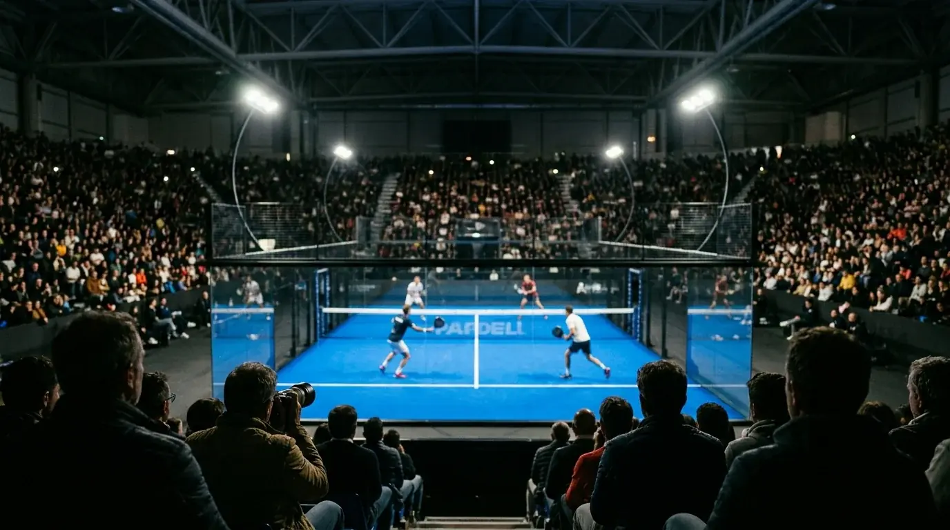 Pubblico nelle tribune assiste a una partita serale di padel durante un torneo Major
